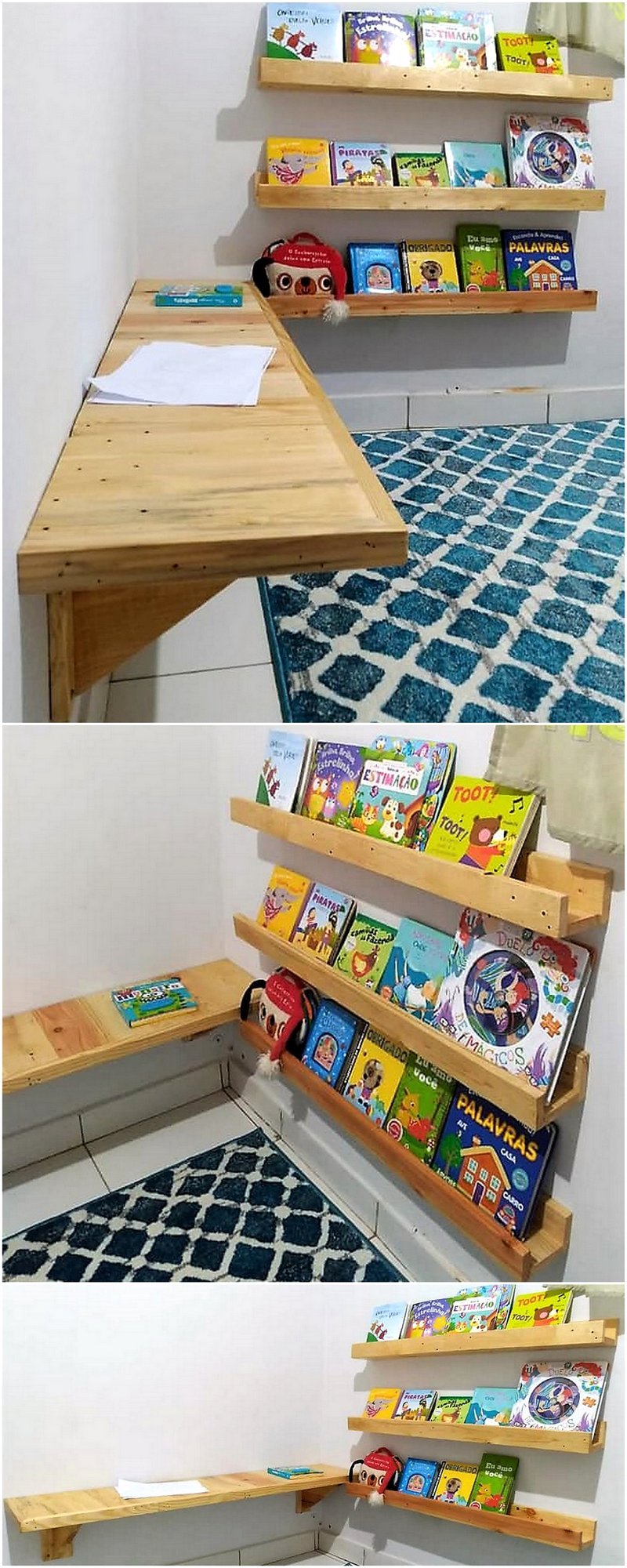 pallet kids bed with wall desk and bookshelf 4