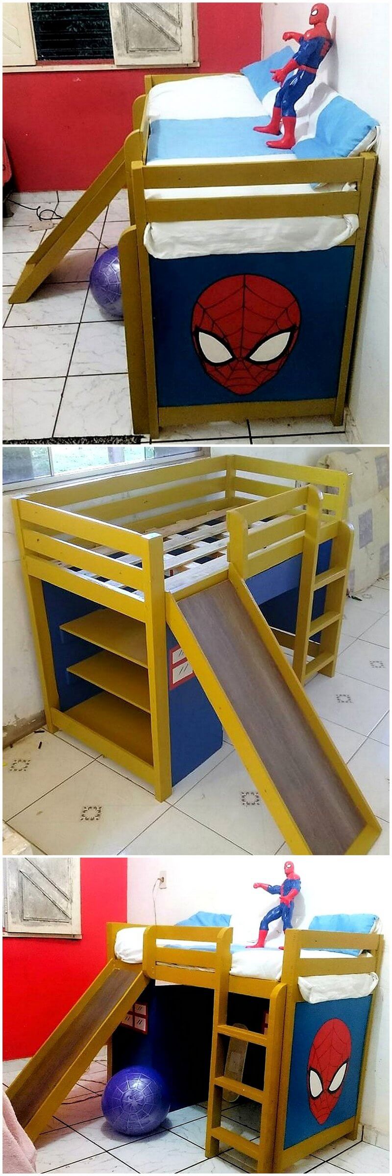 pallet wooden kids bunk bed with slide