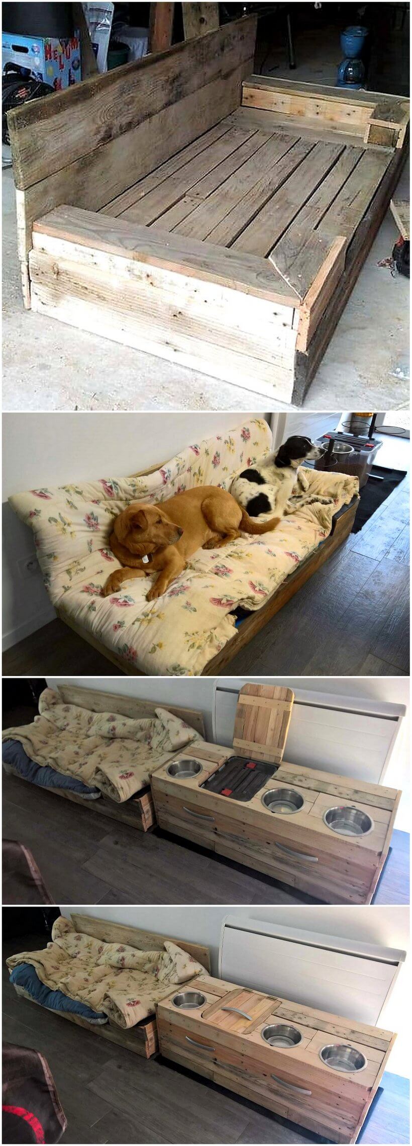 wooden pallet dog bed and food bowls