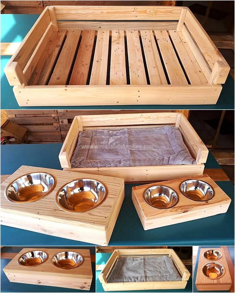 pallet Dog bed and food bowls